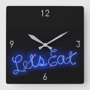 Unieke Let's Eat Neon Sign in Blue Vierkante Klok