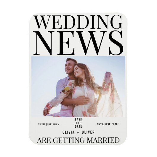 Unieke leuke foto krant bruiloft save the date magneet (Verticaal)