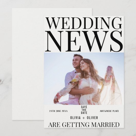 Unieke leuke fotokrant voor bruiloft save the date (Voorkant / Achterkant)