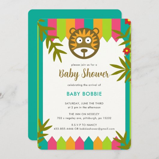 Unieke levendige Oerwoud-thema Leeuw Baby shower P Kaart (Voorkant / Achterkant)