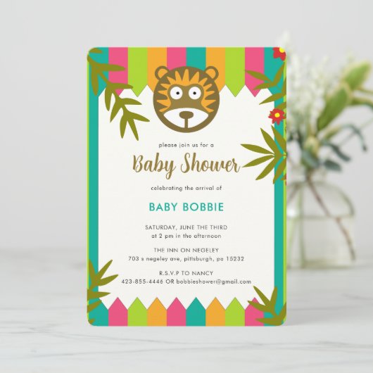 Unieke levendige Oerwoud-thema Leeuw Baby shower P Kaart (Staand voorkant)