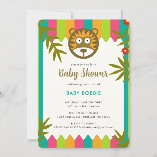 Unieke levendige Oerwoud-thema Leeuw Baby shower P Kaart (Voorkant)