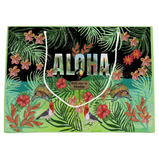 Unieke levendige Waterverf Aloha Tropical Paradise Groot Cadeauzakje (Voorkant)