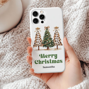 Unieke luipaardprint kerstbomen met aangepaste naa iPhone 15 mini hoesje