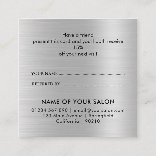 Unieke luxe zilveren glittersalon aanbevelingskaartje (Achterkant)