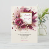 Unieke magenta bloemen en gouden lijsten bruiloft kaart (Staand voorkant)