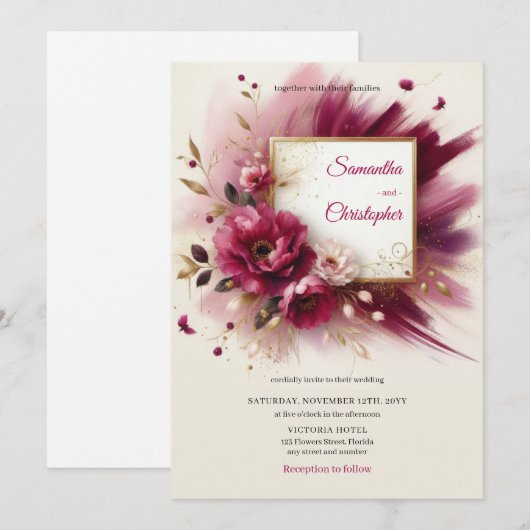 Unieke magenta bloemen en gouden lijsten bruiloft kaart (Voorkant / Achterkant)