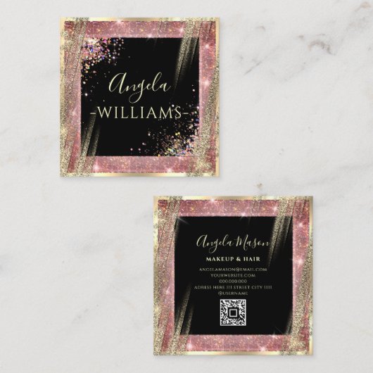 Unieke Makeup Artist Salon QR Code Zwart Roos Gold Vierkante Visitekaartje (Voorkant / Achterkant)