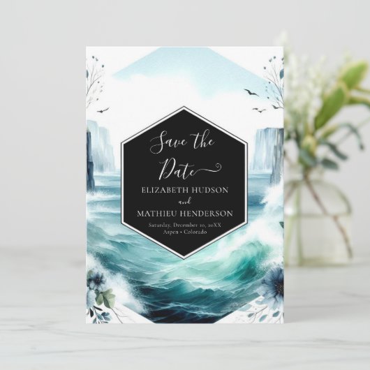 Unieke minimale nautische bruiloft save the date (Staand voorkant)