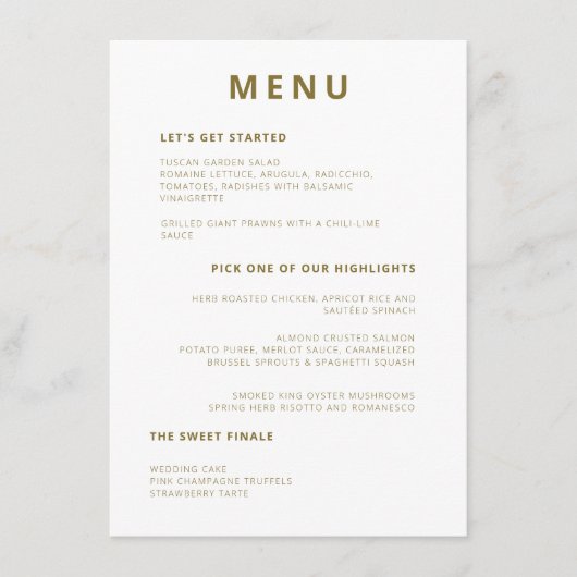 Unieke minimale typografie Olijfgroene bruiloft Menu (Voorkant)