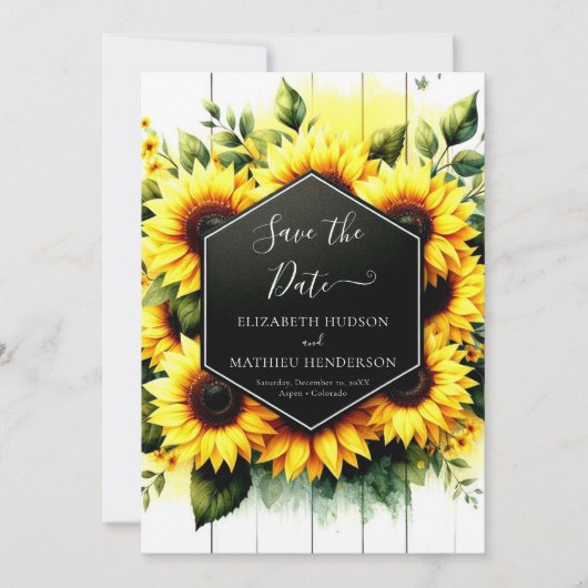 Unieke minimale zonnebloem bruiloft save the date (Voorkant)