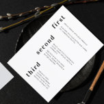 Unieke minimale zwarte witte verticale tekst menu<br><div class="desc">Uniek Minimal Black White Vertical Text Wedding Menu met de naam van de echtgenoot en de trouwdatum op de achterkant. Alle tekstgebieden en kleuren zijn klantgericht in het ontwerphulpmiddel.</div>