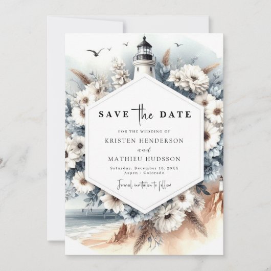 Unieke minimalisme vuurtoren bruiloft save the date (Voorkant)