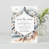 Unieke minimalisme vuurtoren bruiloft save the date (Staand voorkant)