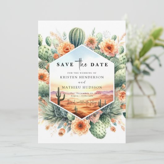 Unieke minimalistische cactus bruiloft save the date (Staand voorkant)