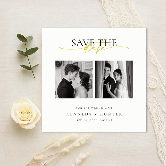 Unieke Moderne Elegante Gouden Script Foto Bruilof Save The Date
