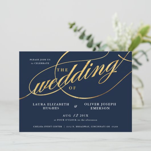 Unieke moderne marine- en Gold Script Weddenschap Kaart (Staand voorkant)
