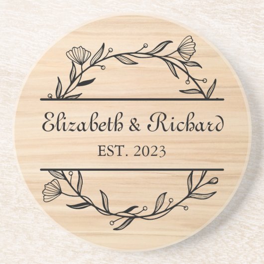 Unieke Moderne Rustieke Custom Paar Bruiloft Datum Zandsteen Onderzetter (Voorkant)