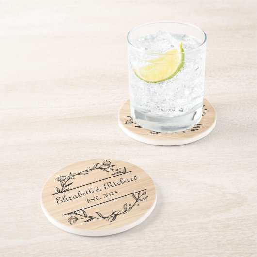 Unieke Moderne Rustieke Custom Paar Bruiloft Datum Zandsteen Onderzetter (Zijkant)