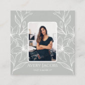 Unieke moderne sage groene boho bloemfoto vierkante visitekaartje (Voorkant)