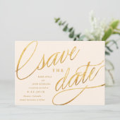 Unieke moderne Save the Dates | Champagne en Goud Save The Date (Staand voorkant)