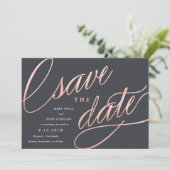 Unieke moderne save the dates | Roze goud Date (Staand voorkant)