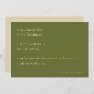 Unieke moderne typografie Olive Green Wedding Save The Date