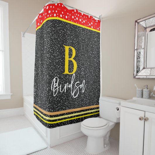 Unieke naam & Monogram, Modern Rood Goud & Zwart Douchegordijn (In situ)