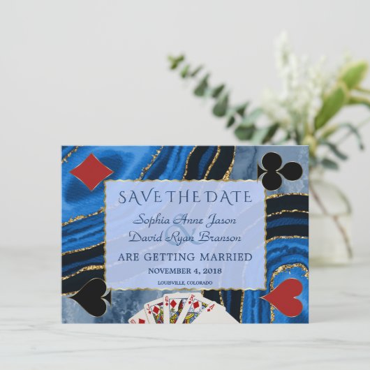 Unieke Navy Blauwe Agate Vegas Poker Bruiloft Save The Date (Staand voorkant)
