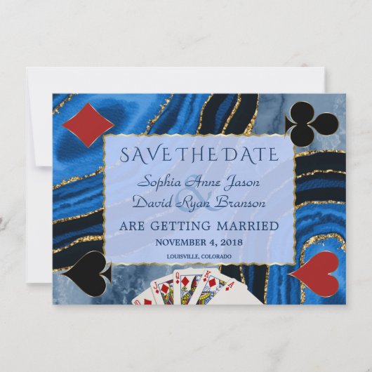 Unieke Navy Blauwe Agate Vegas Poker Bruiloft Save The Date (Voorkant)