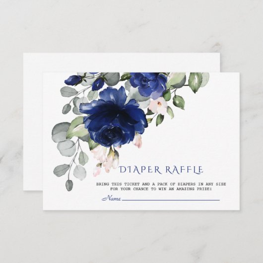 Unieke Navy Blauwe Blush Bloemen Luier Raffle Informatiekaartje (Voorkant / Achterkant)