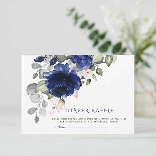 Unieke Navy Blauwe Blush Bloemen Luier Raffle Informatiekaartje (Staand voorkant)