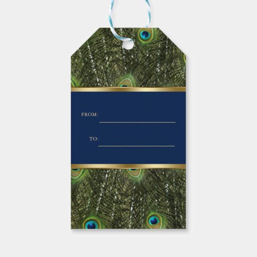 Unieke Navy Blauwe Gouden Pauwveren Bruiloft Cadeaulabel (Achterkant)
