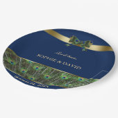 Unieke Navy Blauwe Gouden Pauwveren Bruiloft Papieren Bordje (Gekanteld)