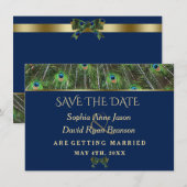 Unieke Navy Blauwe Gouden Pauwveren Bruiloft Save The Date (Voorkant / Achterkant)