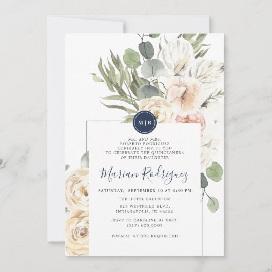 Unieke Navy Bloemen Eucalyptus Monogram Quinceañer Kaart (Voorkant)