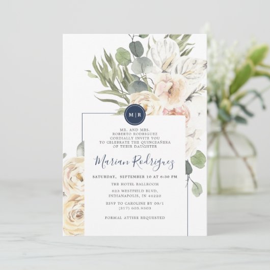 Unieke Navy Bloemen Eucalyptus Monogram Quinceañer Kaart (Staand voorkant)