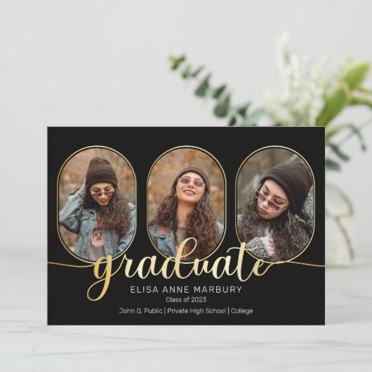 Unieke Oblong 4 Fotocollage Afstuderen Aankondiging (Staand voorkant)