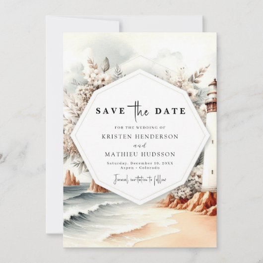 Unieke Ocean Romance vuurtoren bruiloft Save The Date (Voorkant)