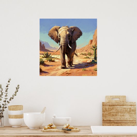 Unieke olifant in woestijndierschilderij poster (Keuken)
