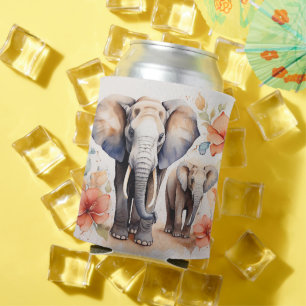 Unieke Olifant Moeder en Kind Bloemen Waterverf Blikjeskoeler