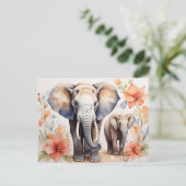 Unieke Olifant Moeder en Kind Bloemen Waterverf Briefkaart (Staand voorkant)