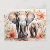 Unieke Olifant Moeder en Kind Bloemen Waterverf Briefkaart (Voorkant)