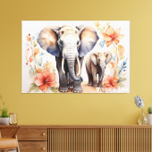 Unieke Olifant Moeder en Kind Bloemen Waterverf Canvas Afdruk (Insitu (Woonkamer))