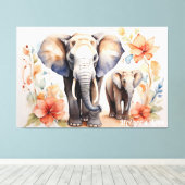 Unieke Olifant Moeder en Kind Bloemen Waterverf Canvas Afdruk (Insitu (Houten vloer))