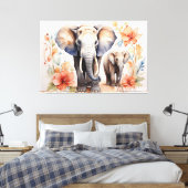 Unieke Olifant Moeder en Kind Bloemen Waterverf Canvas Afdruk (Insitu (Slaapkamer))
