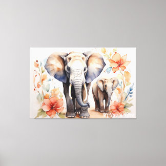Unieke Olifant Moeder en Kind Bloemen Waterverf Canvas Afdruk