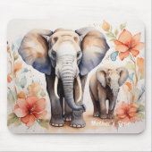 Unieke Olifant Moeder en Kind Bloemen Waterverf Muismat (Voorkant)