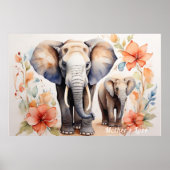 Unieke Olifant Moeder en Kind Bloemen Waterverf Poster (Voorkant)