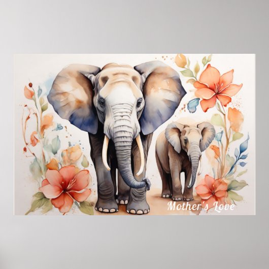 Unieke Olifant Moeder en Kind Bloemen Waterverf Poster (Voorkant)
